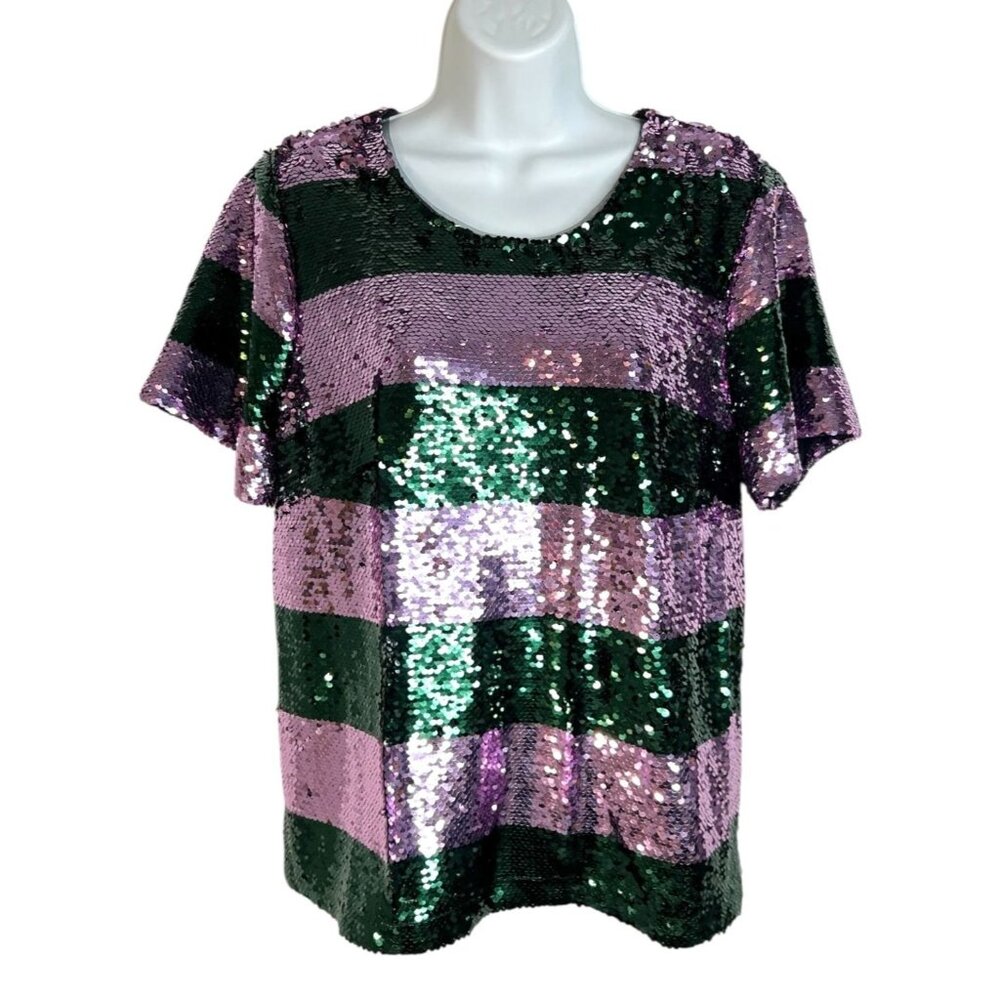 Maeve Pink and Green Sequin Stripe Short Sleeve Top - Picture 4 of 12